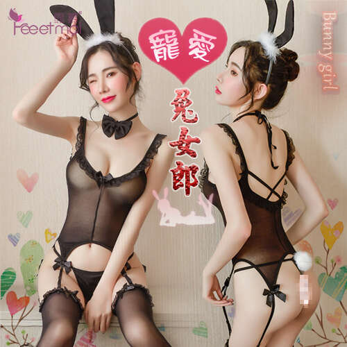 兔女郎角色扮演服!綁脖領結蕾絲交叉露背裸肌吊襪帶五件式套裝 - 含絲襪