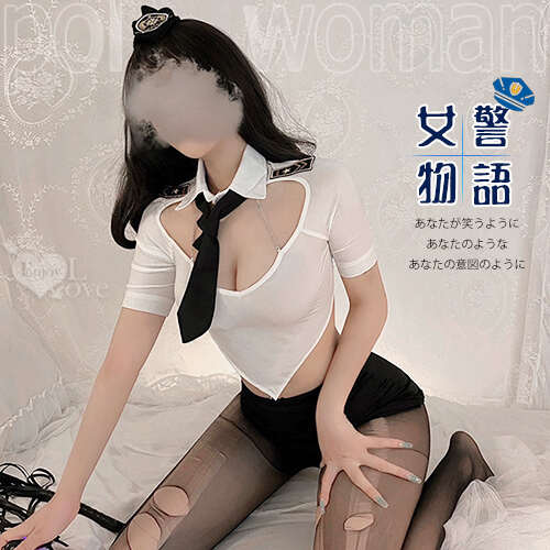 女警角色扮演服!氣質領帶心型挖空鏈條牽引後開衩短裙六件式套裝-含可撕絲襪